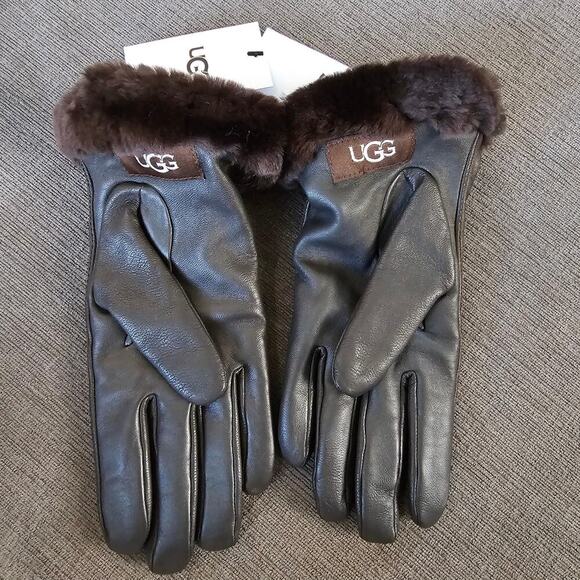 UGG Women's Brown Leather Shorty Tech Tip Real Fur Cuff Gloves Size L/G - Picture 4 of 11